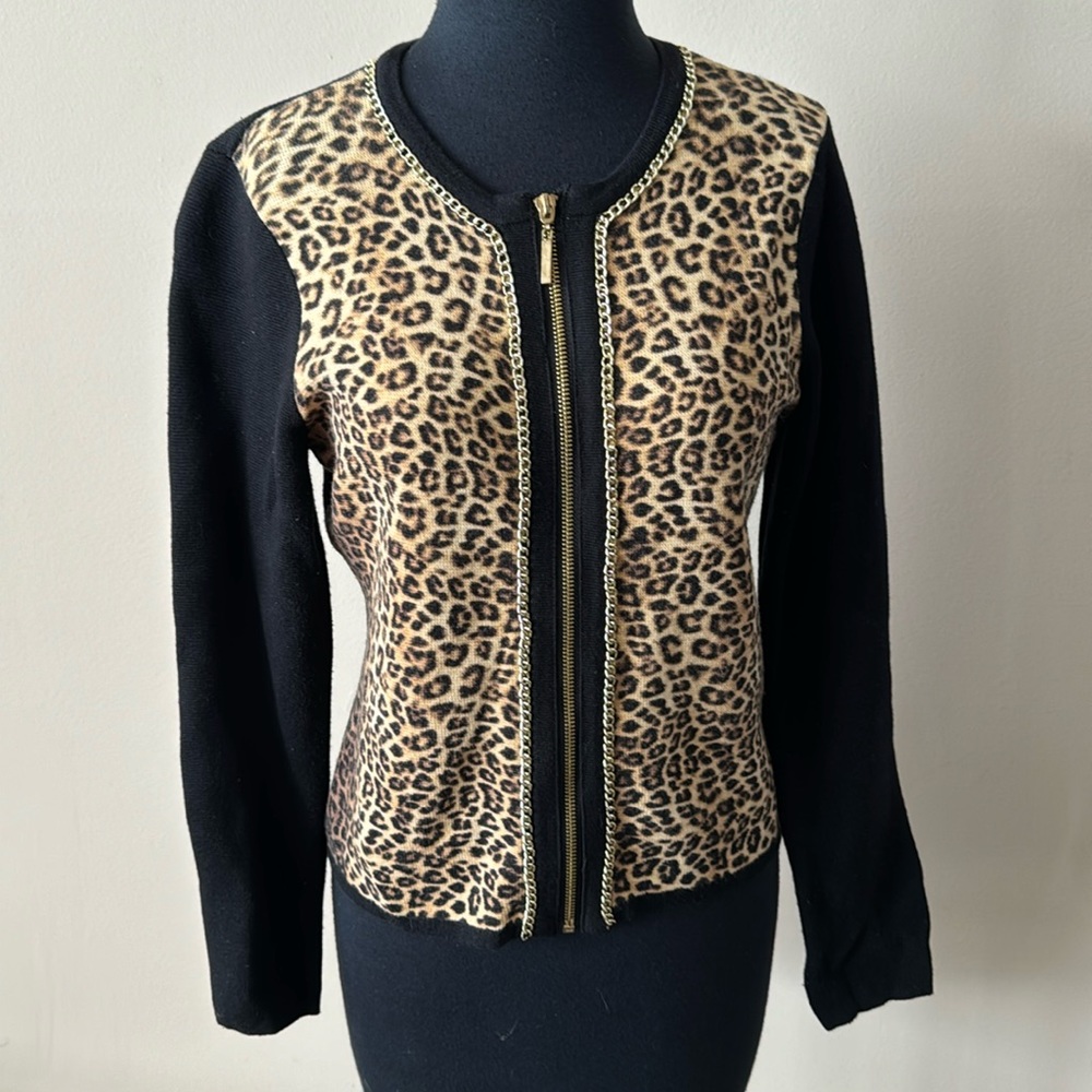 Chico's Leopard Print Front-Zip Cardigan with Black Sleeves
